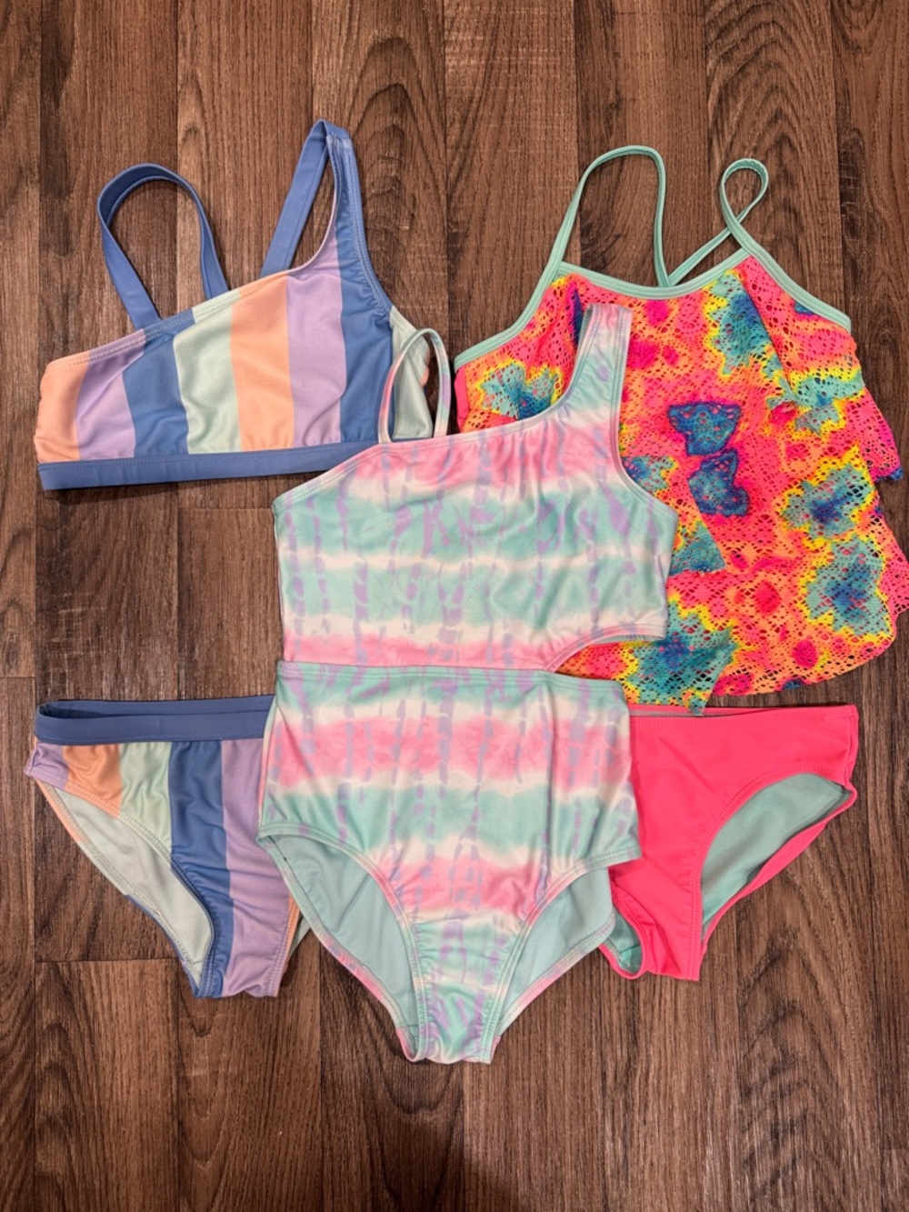 Lot of 3 Size 7/8 Swimsuits Pastel Tie-Dye, Mint & Neon Pink Girls Swim Tops